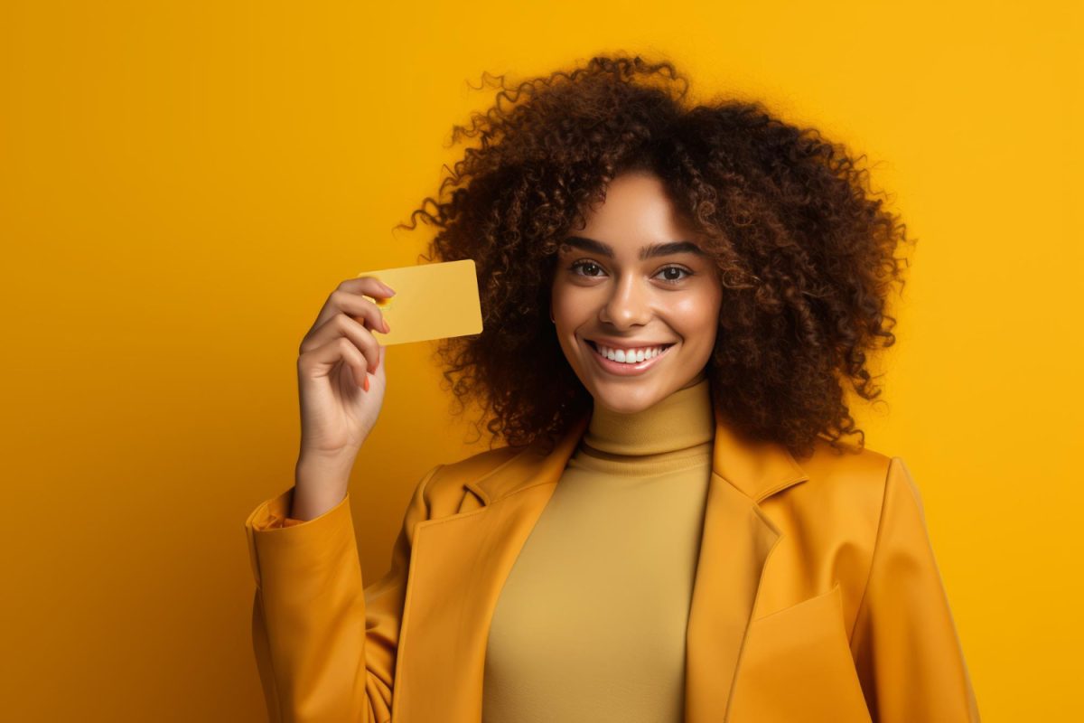 A happy woman using her Petal 2 Visa Credit Card.