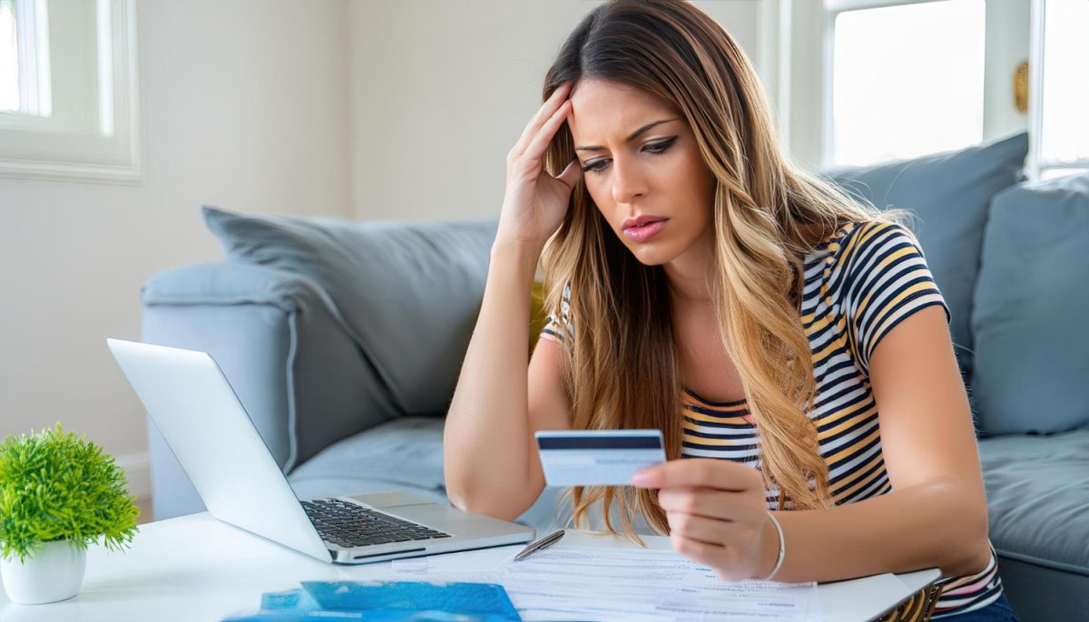 mujer preocupada com las deudas de tarjeta de crédito.