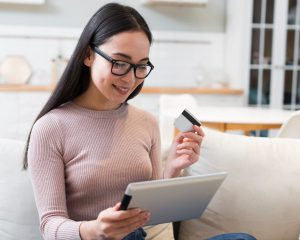 Woman checking her Credit mix.